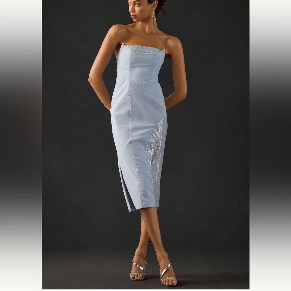 Anthropologie strapless slim midi dress soft blue us8/ uk 12 p